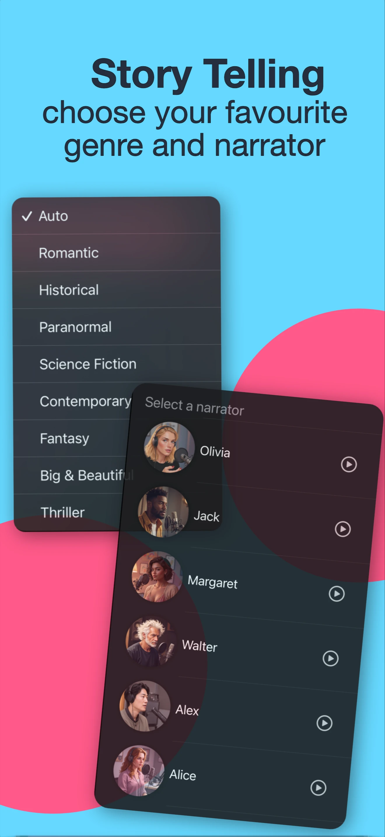 Screenshot: Story Telling - choose your favorite genre and narrator